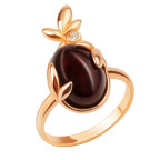 Кольцо 071-2, Серебро 925, Позолота, Янтарь-Вишневый+Фианиты