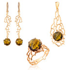 Кольцо 222-1, Серебро 925, Позолота, Янтарь-Зеленый