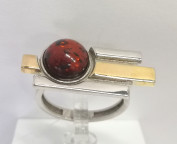 Кольцо 112-2, Серебро 925, Родирование,позолота, Янтарь-Вишневый