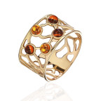 Кольцо 011-1, Серебро 925, Позолота, Янтарь-Коньячный