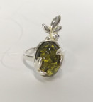 Кольцо 071-2, Серебро 925, Серебрение, Янтарь-Зеленый+Фианиты