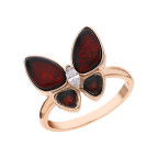 Кольцо 077-1, Серебро 925, Позолота, Янтарь-Вишневый+Фианиты