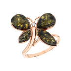 Кольцо 056-1, Серебро 925, Позолота, Янтарь-Зеленый+Фианиты