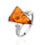 Кольцо 104-1, Серебро 925, Серебрение, Янтарь-Коньячный+Фианиты
