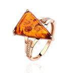 Кольцо 104-1, Серебро 925, Позолота, Янтарь-Коньячный+Фианиты