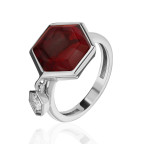 Кольцо 356-2, Серебро 925, Серебрение, Янтарь-Вишневый; Фианиты