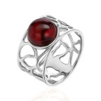 Кольцо 011-3, Серебро 925, Серебрение, Янтарь-Вишневый