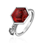 Кольцо 356-2, Серебро 925, Серебрение, Янтарь-Красный; Фианиты