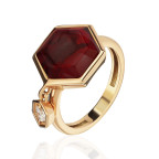 Кольцо 356-2, Серебро 925, Позолота, Янтарь-Вишневый; Фианиты