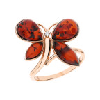 Кольцо 056-1, Серебро 925, Позолота, Янтарь-Вишневый+Фианиты