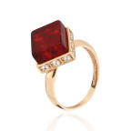 Кольцо 520-1, Серебро 925, Позолота, Янтарь-Красный; Фианиты