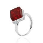 Кольцо 520-1, Серебро 925, Серебрение, Янтарь-Красный; Фианиты