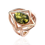 Кольцо 119-1, Серебро 925, Позолота, Янтарь-Зеленый