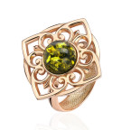 Кольцо 118-1, Серебро 925, Позолота, Янтарь-Зеленый