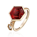 Кольцо 356-2, Серебро 925, Позолота, Янтарь-Красный; Фианиты