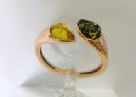 Кольцо 058-1, Серебро 925, Позолота, Янтарь-Зеленый+Лимонный