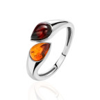 Кольцо 058-1, Серебро 925, Серебрение, Янтарь-Вишневый+Коньячный