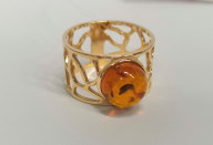 Кольцо 011-3, Серебро 925, Позолота, Янтарь-Коньячный