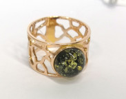 Кольцо 011-3, Серебро 925, Позолота, Янтарь-Зеленый