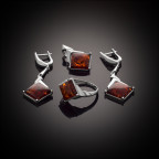 Кольцо 102-1, Серебро 925, Серебрение, Янтарь-Коньячный