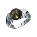 Кольцо 207-1, Серебро 925, Серебрение, Янтарь-Зеленый