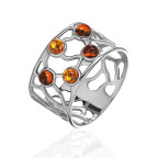 Кольцо 011-1, Серебро 925, Родирование, Янтарь-Коньячный