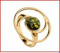 Кольцо 006-1, Серебро 925, Позолота, Янтарь-Зеленый