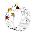 Кольцо 011-1, Серебро 925, Родирование, Янтарь-Микс