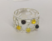 Кольцо 011-1, Серебро 925, Серебрение, Янтарь-Вишневый+Лимонный