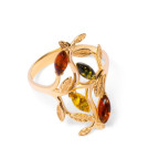 Кольцо 019-1, Серебро 925, Позолота, Янтарь-Микс