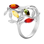 Кольцо 019-1, Серебро 925, Серебрение, Янтарь-Микс