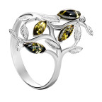 Кольцо 019-1, Серебро 925, Серебрение, Янтарь-Зеленый