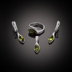 Кольцо 051-1, Серебро 925, Родирование, Янтарь-Зеленый