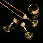 Кольцо 089-1, Серебро 925, Позолота, Янтарь-Зеленый+Фианиты