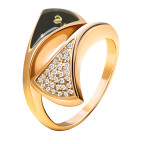 Кольцо 089-1, Серебро 925, Позолота, Янтарь-Зеленый+Фианиты