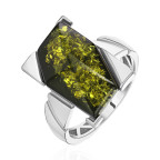 Кольцо 100-1, Серебро 925, Родирование, Янтарь-Зеленый