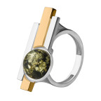 Кольцо 112-1, Серебро 925, Серебрение,позолота, Янтарь-Зеленый