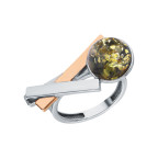 Кольцо 113-1, Серебро 925, Серебрение,позолота, Янтарь-Зеленый