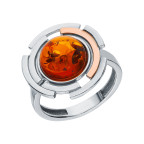 Кольцо 115-1, Серебро 925, Серебрение,позолота, Янтарь-Коньячный