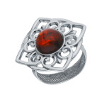 Кольцо 118-1, Серебро 925, Серебрение, Янтарь-Коньячный