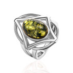 Кольцо 119-1, Серебро 925, Серебрение, Янтарь-Зеленый