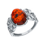 Кольцо 120-1, Серебро 925, Серебрение, Янтарь-Коньячный