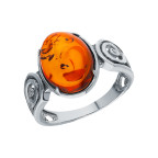 Кольцо 121-1, Серебро 925, Серебрение, Янтарь-Коньячный