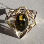 Кольцо 122-1, Серебро 925, Серебрение, Янтарь-Зеленый