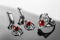 Кольцо 123-1, Серебро 925, Серебрение, Янтарь-Вишневый