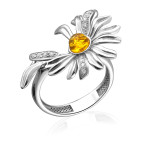 Кольцо 131-1, Серебро 925, Серебрение, Янтарь-Лимонный+Фианиты