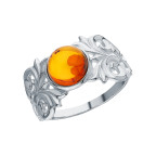 Кольцо 155-1, Серебро 925, Серебрение, Янтарь-Коньячный
