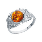 Кольцо 157-1, Серебро 925, Серебрение, Янтарь-Коньячный