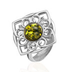 Кольцо 118-1, Серебро 925, Серебрение, Янтарь-Зеленый