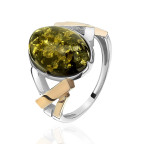 Кольцо 116-1, Серебро 925, Серебрение,позолота, Янтарь-Зеленый